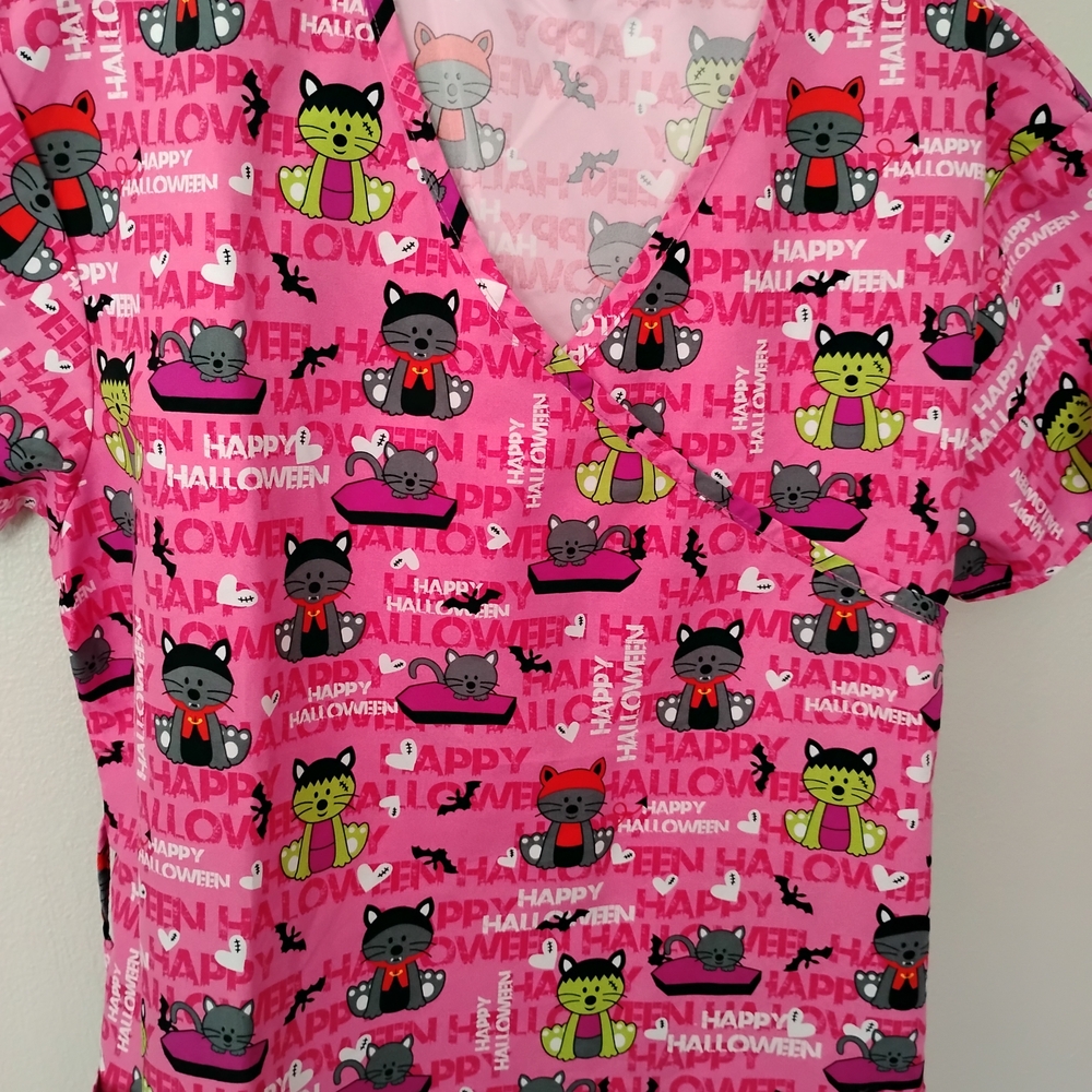 Pink Halloween Cat Print Women's Top